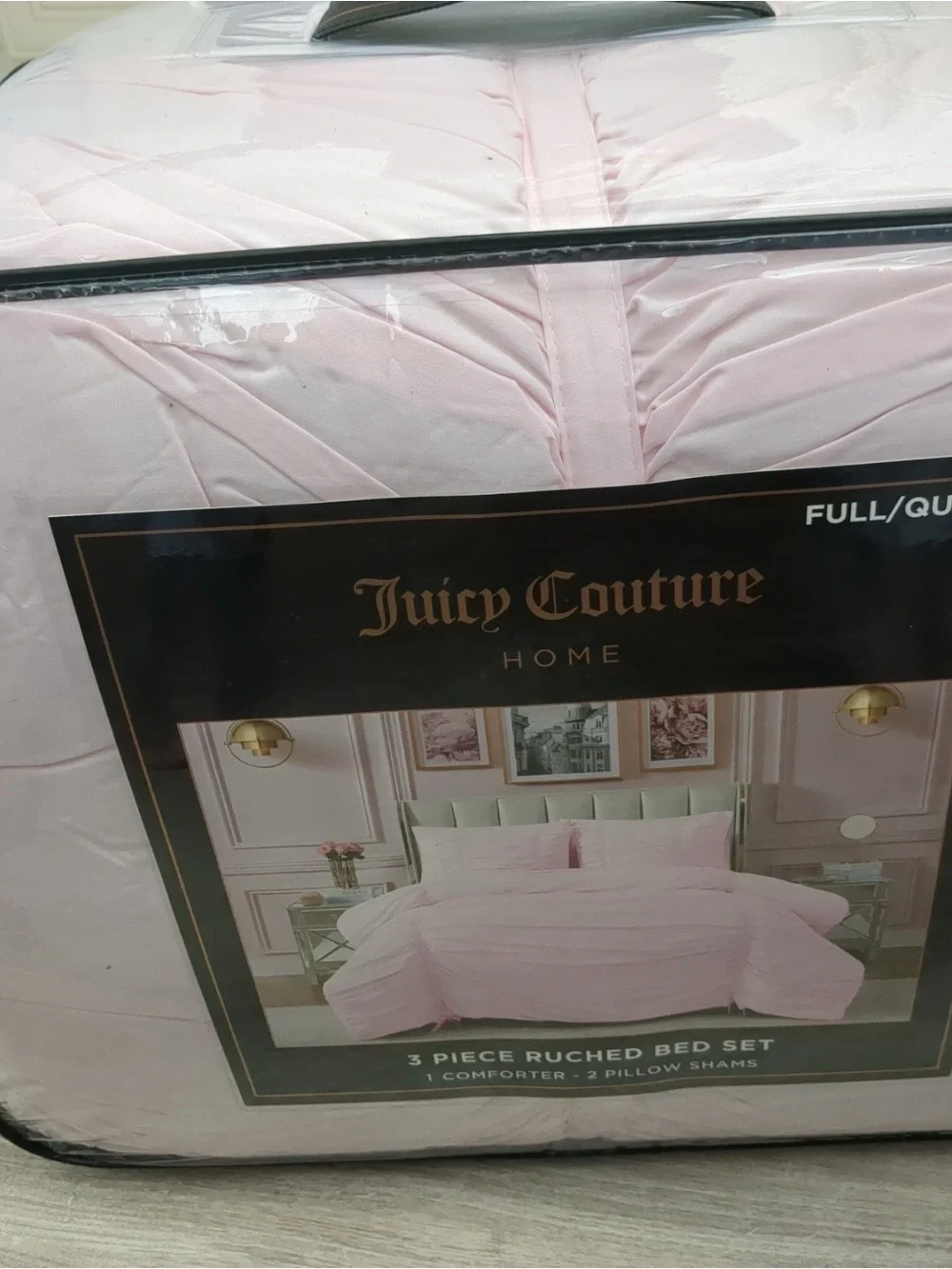 Juicy Couture Ribbon Ruched 3 Piece Full/ Queen Comforter Set, Pink Marshmellow